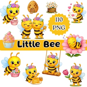Puede incluir: Una colección digital de 110 gráficos PNG con abejas de dibujos animados con rayas amarillas y negras, alas azules y coronas de flores. El conjunto incluye abejas con cestas, miel, cupcakes, sobres y columpios, junto a una colmena y margaritas.