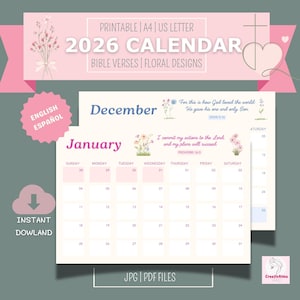 Puede incluir: Calendario imprimible de 2026 con diseños florales y versículos bíblicos. El calendario presenta un esquema de color rosa y blanco, con los meses de diciembre y enero. Incluye el texto "Descarga instantánea".