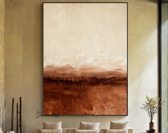 Modern Abstract Textured Oil Painting: Large Minimalist Abstract Wall Art in Beige and Brown