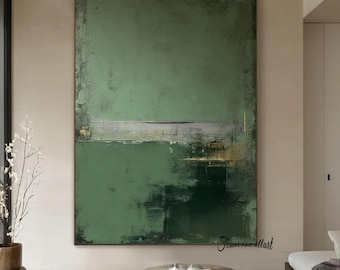 Large green abstract painting: modern minimalist decorative painting, pure green canvas wall art.