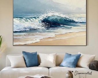 3D Blue Ocean Canvas Texture Art Large White Wave Wabi-Sabi Minimalist Beach Painting Ocean Wave  Wabi-Sabi Wall Art Fashionable Living Room