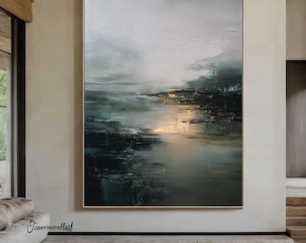 Original Dark Green Abstract Landscape Painting Dark Green Abstract Wall Art Modern Landscape Decorative Painting Acrylic Abstract Painting