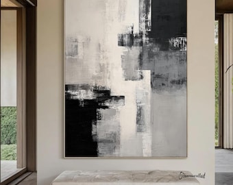 大きなミニマリスト抽象画、黒キャンバス抽象画、黒グレー抽象壁アート