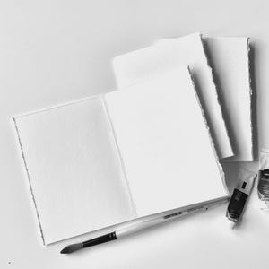 Può includere: Un taccuino per acquerelli bianco aperto con bordi strappati, un pennello e due tubetti di vernice. Il taccuino è aperto su un'estensione a due pagine e sono visibili diversi fogli di carta sciolti. Gli oggetti sono disposti su una superficie bianca.
