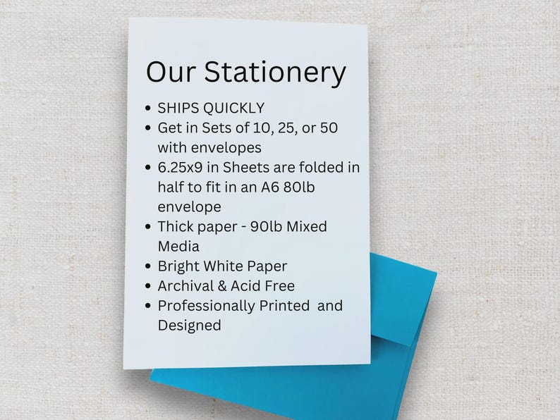 May include: A white card with the text "Our Stationery" and bullet points describing the product's features. The card is partially covering a bright blue envelope. The paper is 6.25x9 inches.