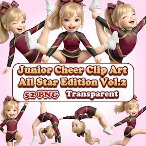 Whimsical Junior Cheerleader Girl Clipart All-Star Edition Vol.2 | 52-PNG Transparent Kawaii Wine-Red Athletic Style