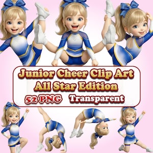 May include: Digital clip art featuring cartoon cheerleaders in various poses. The cheerleaders wear blue and white uniforms with bows. Text on the image reads "Junior Cheer Clip Art All Star Edition 52 PNG Transparent."
