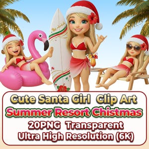 Könnte beinhalten: Digitales Clip-Art mit drei Cartoon-Mädchen in Weihnachtsmützen und Bikinis, mit einem Surfbrett und einem Flamingo-Schwimmer. Das Bild enthält Palmen und den Text "Cute Santa Girl Clip Art Summer Resort Christmas".