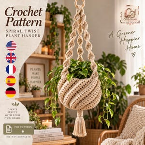 Crochet Plant Hanger Pattern PDF, Spiral Twist Hanging Planter, Boho Macrame-Look Home Decor