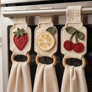 Könnte beinhalten: Drei cremefarbene Häkel-Handtuchhalter mit Fruchtmotiven. Jeder Halter hat einen Holzring, an dem ein cremefarbenes Küchentuch hängt. Die Motive zeigen eine rote Erdbeere, eine gelbe Zitronenscheibe mit grünem Blatt und zwei rote Kirschen.