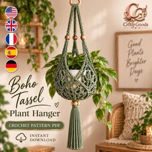 Crochet Plant Hanger Pattern PDF, Boho Macrame Style Hanging Planter, Tassel & Wooden Beads