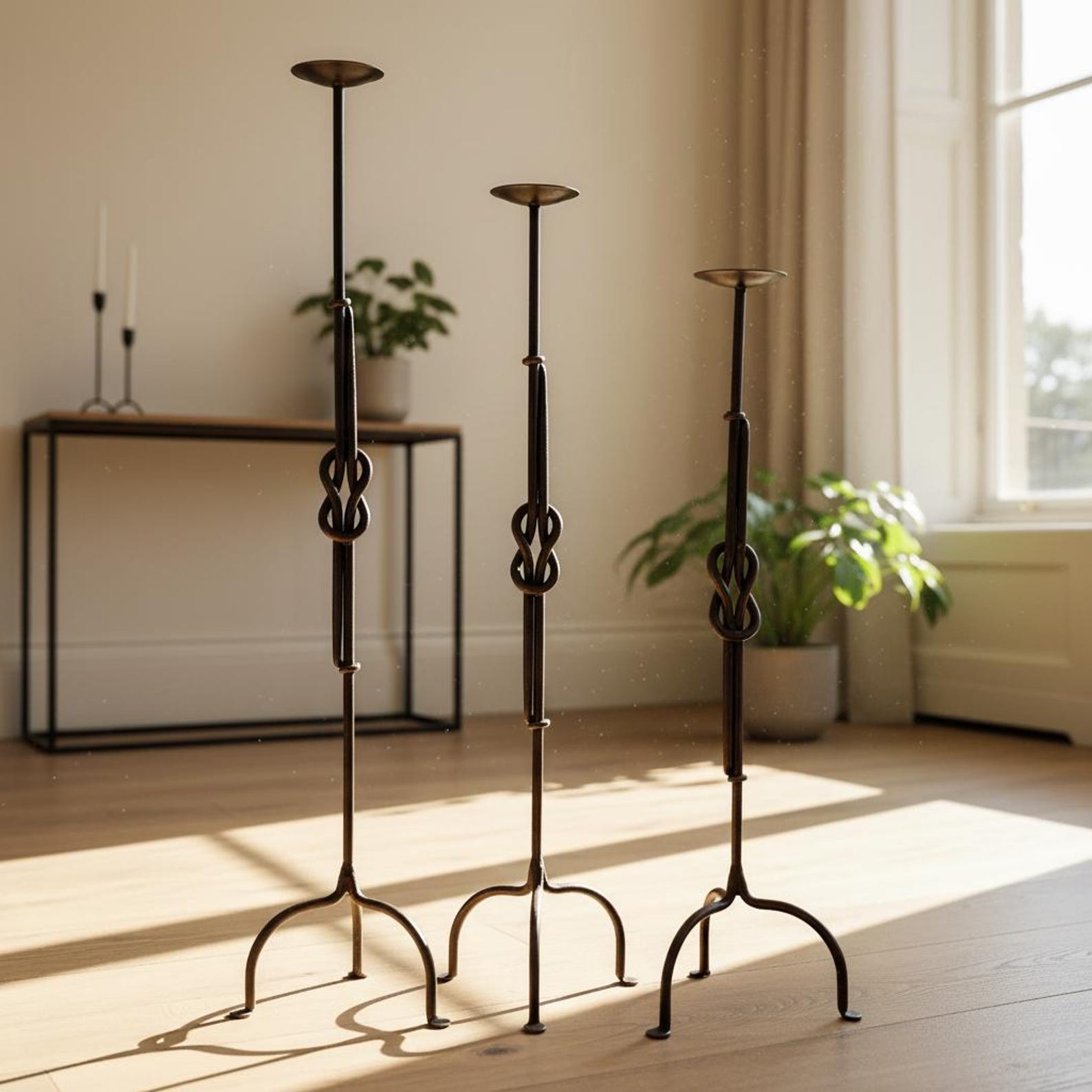 Wrought Iron Floor Candle Holders - Antique Copper Infinity Knot, Set