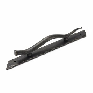 May include: A dark grey metal door handle featuring a wavy, branch-like grip attached to a long, rectangular backplate. Both components exhibit a hammered, textured finish with visible indentations and a mounting hole at each end of the plate.