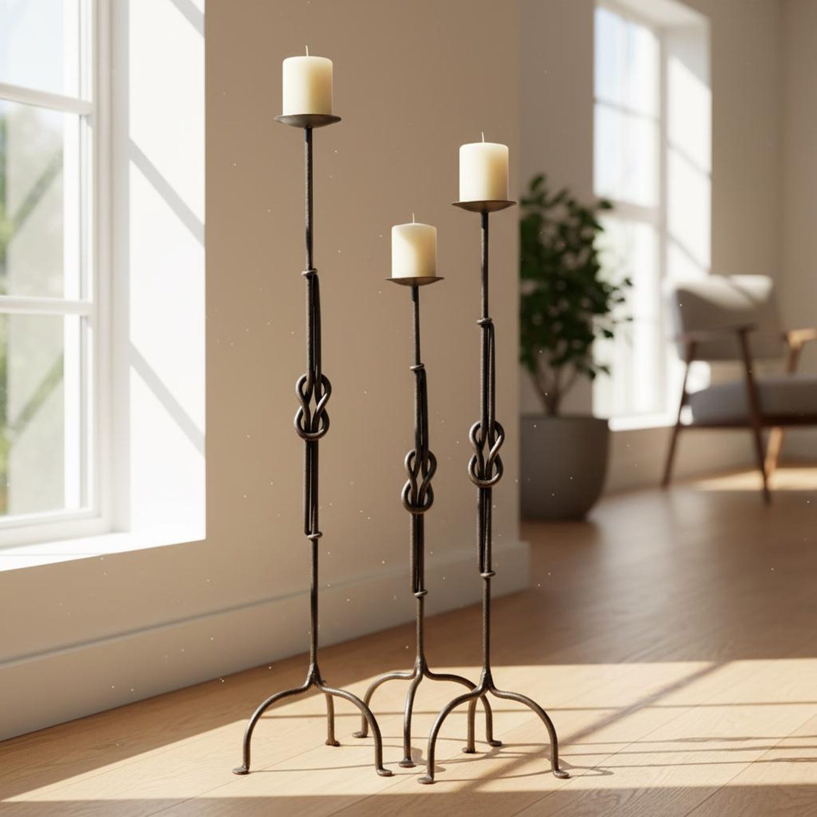 Wrought Iron Floor Candle Holders - Antique Copper Infinity Knot, Set