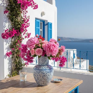 May include: A vibrant floral arrangement of pink peonies and roses in a blue and white patterned vase. The vase sits on a wooden table with a glass of water and a small dish. The background features a white building with blue shutters and a view of the sea.