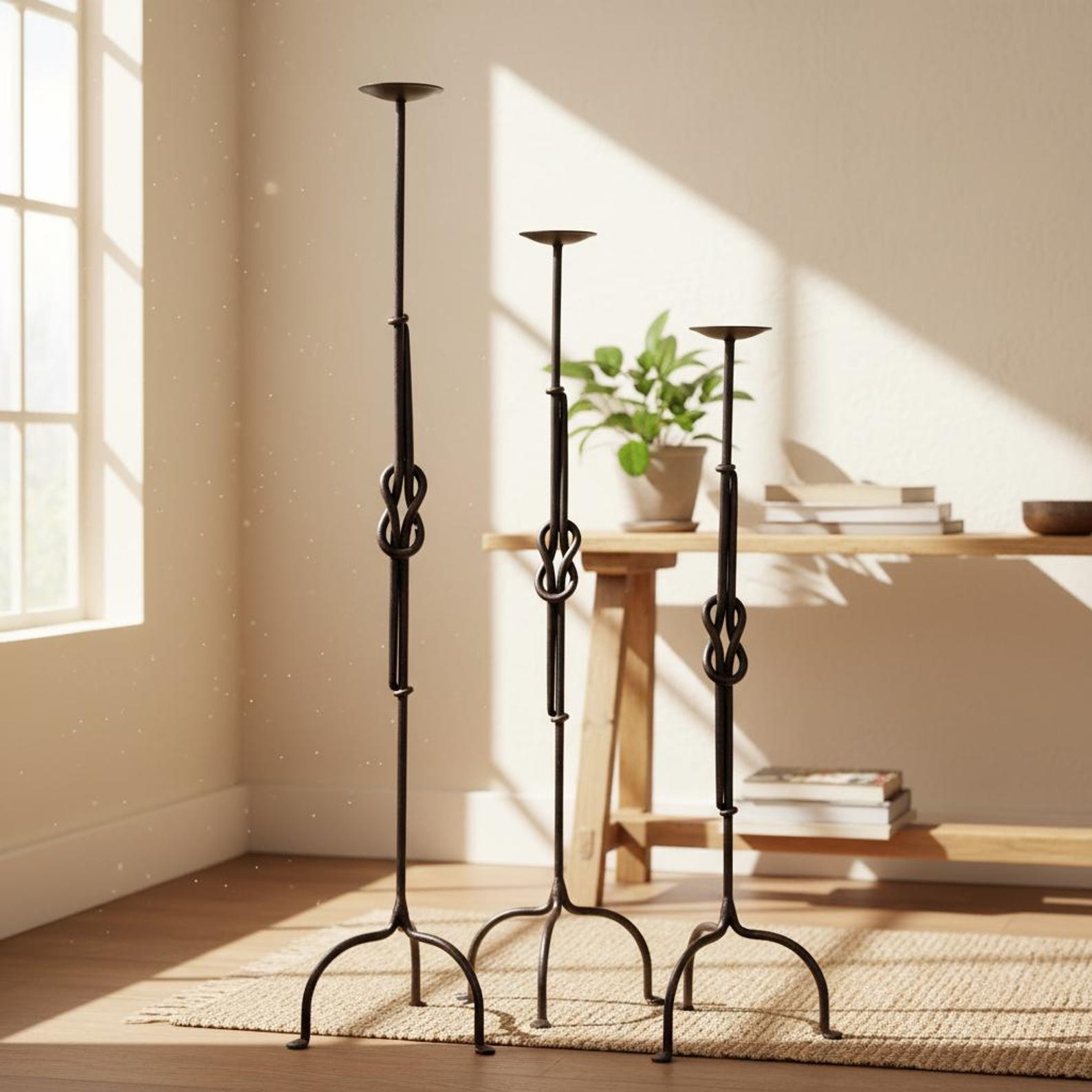 Wrought Iron Floor Candle Holders - Antique Copper Infinity Knot, Set