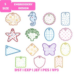 May include: A selection of 15 embroidery designs in diverse shapes, such as a seashell, seahorse, starfish, and butterfly. The designs showcase pastel colours and patterns, with the text "EMBROIDERY DESIGN" and "5 SIZE" in a pink box.