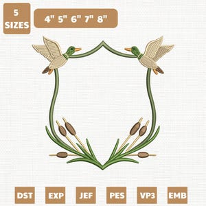 May include: An embroidered design featuring two ducks, cattails, and reeds, forming a shield shape. The design includes the text "5 SIZES" and measurements from 4 to 8 inches. The design is in shades of green, brown, and beige.