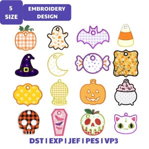 May include: A digital embroidery design set featuring 16 Halloween-themed icons including a pumpkin, ghost, bat, candy corn, witch hat, crescent moon, candy, spider web tag, jack-o'-lantern, cauldron, skull, coffin, and cat. Text reads 5 SIZE EMBROIDERY DESIGN DST EXP JEF PES VP3.
