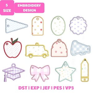 May include: A collection of twelve embroidery designs featuring various shapes including a pennant, tags, apple, bus, megaphone, graduation cap, bow, star, and pencil. Each shape has a distinct outline and pattern, with text reading 5 SIZE EMBROIDERY DESIGN and file formats DST, EXP, JEF, PES, VP3.