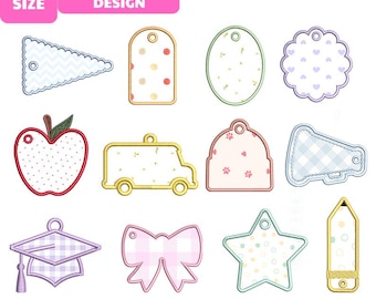 May include: A collection of twelve embroidery designs featuring various shapes including a pennant, tags, apple, bus, megaphone, graduation cap, bow, star, and pencil. Each shape has a distinct outline and pattern, with text reading 5 SIZE EMBROIDERY DESIGN and file formats DST, EXP, JEF, PES, VP3.
