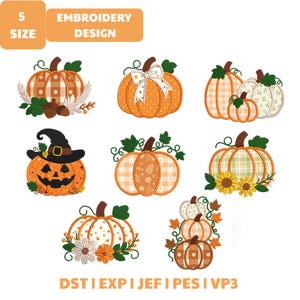 May include: A collection of eight digital embroidery designs featuring orange and white pumpkins with various patterns, including plaid, polka dots, and floral prints. Some pumpkins are decorated with bows, sunflowers, leaves, acorns, or a witch hat.