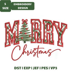 May include: An embroidery design featuring the text Marry Christmas with a green Christmas tree replacing the letter A. The letters have a red outline and a green, white, and red plaid fill. Text at the top reads 5 SIZE EMBROIDERY DESIGN.