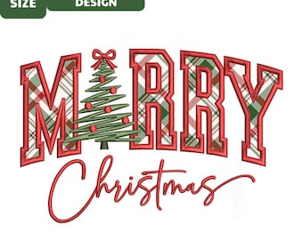 May include: An embroidery design featuring the text Marry Christmas with a green Christmas tree replacing the letter A. The letters have a red outline and a green, white, and red plaid fill. Text at the top reads 5 SIZE EMBROIDERY DESIGN.