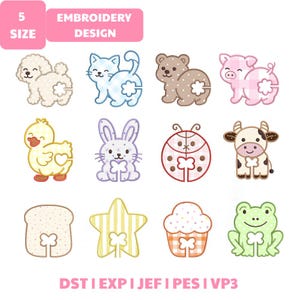 May include: A digital embroidery design set featuring twelve cartoon characters including a dog, cat, bear, pig, duck, rabbit, ladybug, cow, toast, star, cupcake, and frog, each with a small cutout detail. Text reads 5 SIZE EMBROIDERY DESIGN.