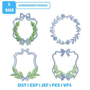 May include: Four embroidery designs featuring light blue frames and green laurel leaf accents. The top left and bottom left designs include light blue bows. The top right is a circular floral wreath. The bottom right features a light blue bow.