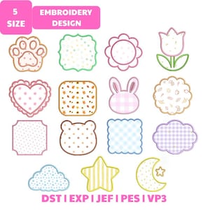 May include: A collection of 14 embroidery designs featuring various shapes including a paw print, heart, flower, bunny head, star, and moon. The patterns include polka dots, gingham, and floral motifs. Text reads 5 SIZE EMBROIDERY DESIGN and DST EXP JEF PES VP3.