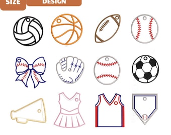 Bundle Sports Bag Tags Applique Machine Embroidery File, Baseball Football Basketball Soccer (Instant Download)