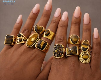 10Pc GOLD TIGEREYE RINGE Vintage Stein Frauen Schmuck Stacked Edelstahl Ringe