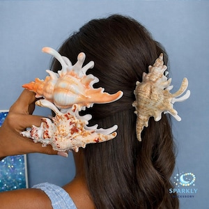 Puede incluir: Tres pinzas para el pelo con forma de concha marina en tonos naranja, blanco y marrón se muestran en el pelo de una persona. Las pinzas están intrincadamente diseñadas, pareciendo conchas marinas naturales. Un accesorio único.