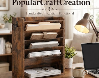 Wooden wall-mounted file rack, 6-tiered storage box, magazine rack with hooks