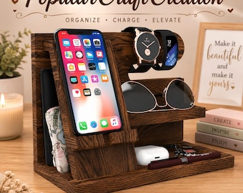 Personalized Pine Wood Phone Docking Station, Nightstand Organizer, Desktop Stand, Gift for Him
