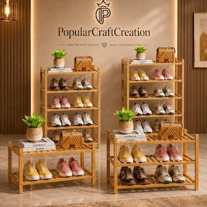 May include: Wooden shoe racks displaying various sneakers and accessories. The racks are made of light brown wood and are arranged in a room with neutral-toned walls. The text "PopularCraftCreation" is visible on the wall.