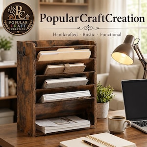 May include: A dark brown wood-grain desktop document organizer with five horizontal shelves. The unit features the text PopularCraftCreation Handcrafted Rustic Functional. It holds various papers, notebooks, and magazines in its tiered compartments.
