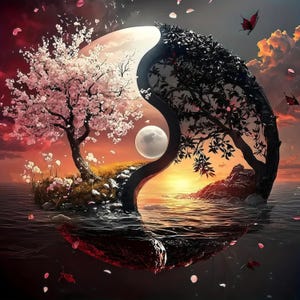 May include: A digital art piece depicting a Yin and Yang symbol with a serene landscape. One side features a cherry blossom tree, the other a dark tree. A full moon and sunset sky complete the tranquil scene.