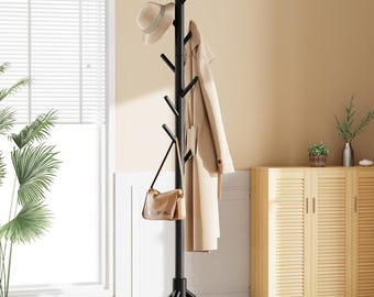 Adjustable Height Wooden Coat Rack – Freestanding Coat Tree with 8 Hooks