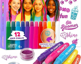 Set de tizas lavables para el cabello: 12 colores, purpurina y tatuajes