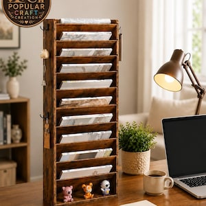 Wooden wall-mounted file rack, 10-tiered storage box, magazine rack with hooks
