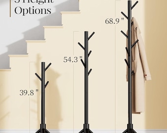Adjustable Height Wooden Coat Rack – Freestanding Coat Tree with 8 Hooks