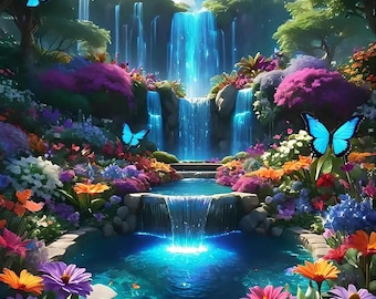 5D Diamond Painting Kit, Waterfall Butterfly Scenery, Full Round Drill Art (13.7 x 13.7 inches), Landscape Scenery Diamond Art Kits