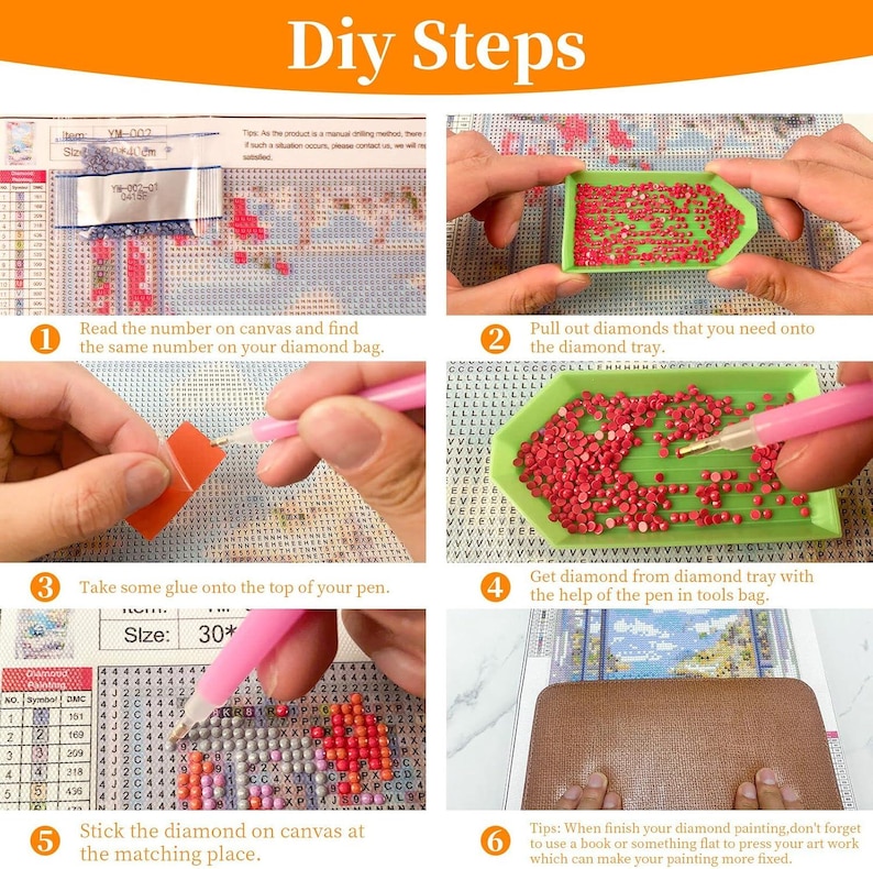 May include: A step-by-step guide for diamond painting. The image shows the process, including finding the matching numbers, pulling out diamonds, applying glue, using a pen, and placing diamonds on the canvas. The text "DIY Steps" is at the top.