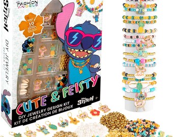 Fashion Angels Disney Stitch Cute and Feisty DIY Jewelry Design Kit, Makes 10+ Charm Bracelets, Includes Charms, Beads and Elastic kit