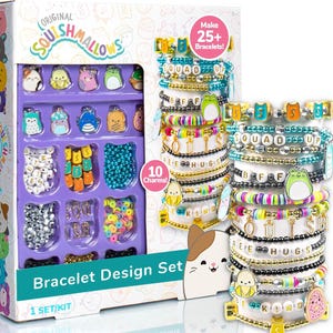 May include: A bracelet design set with the text "Original Squishmallows" and "Make 25+ Bracelets!". The kit includes charms, beads, and letter beads in a variety of colors. The finished bracelets are stacked on the right side of the box.