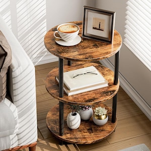 Small Round Coffee Table with 3-Tier Storage – Rustic Brown Industrial Accent Side Table, Narrow Bedside Nightstand for Bedroom