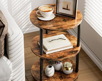 Small Round Coffee Table with 3-Tier Storage – Rustic Brown Industrial Accent Side Table, Narrow Bedside Nightstand for Bedroom