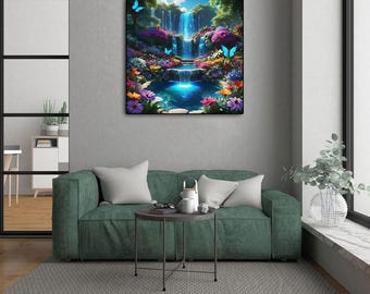 Kit de pintura de diamantes 5D, paisaje de cascada y mariposas, arte con taladro redondo completo (34,8 x 34,8 cm), kits de arte de diamantes de paisajes